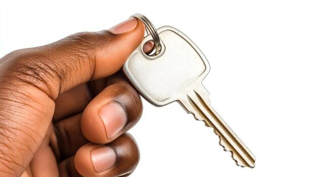 Silver key held in a dark-skinned hand against a plain white background, symbolizing access, security, or a new beginning. photo
