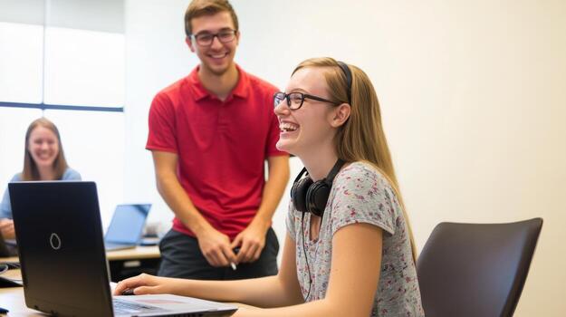 Group of university students collaborating on a project, laughing in a bright classroom environment. photo