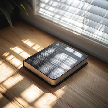 A book lays on a wooden surface, sunlight streaming in through the blinds creates shadows. photo