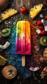 A vibrant, multi-colored popsicle rests amongst a summery array of fresh fruits and ice on wood. photo