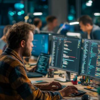 enfocado desarrollador codigos en múltiple monitores en un ocupado oficina ambiente tarde a noche. foto