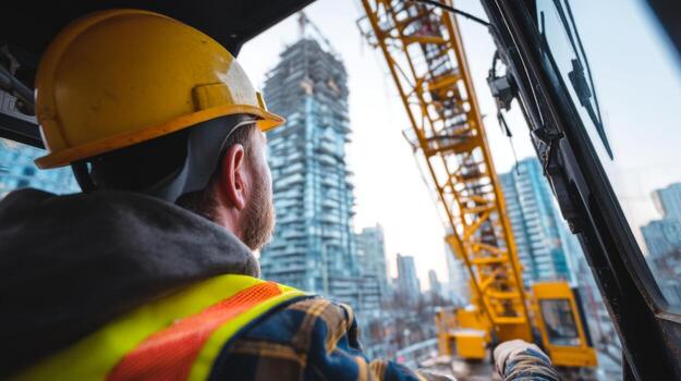 Focused construction worker in a hardhat and safety vest operates a crane at a building site. photo
