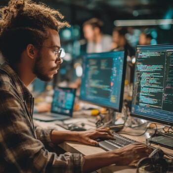 Focused software developer works diligently at his desk, writing and reviewing code on his computer. photo