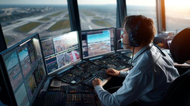 An air traffic controller monitors monitors at the airport tower. Ensuring air space safety photo