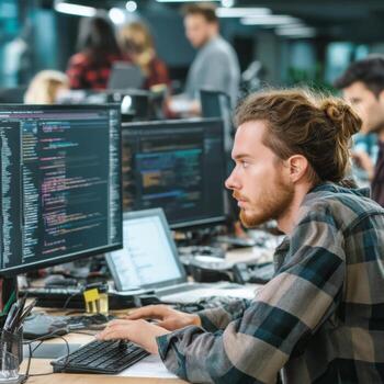 Focused developer writing code on multiple monitors in a modern office with other team members. photo