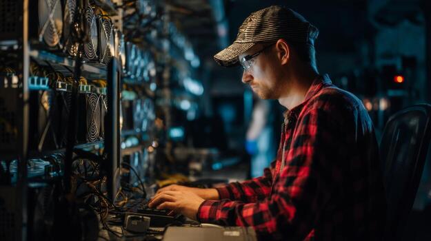 Focused programmer wearing a hat and glasses works on a computer system amid server racks photo