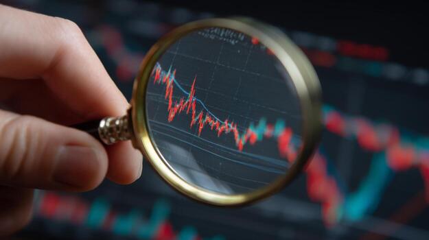 Hand holds a magnifying glass over a graph, emphasizing a downward trend in market data on a screen photo