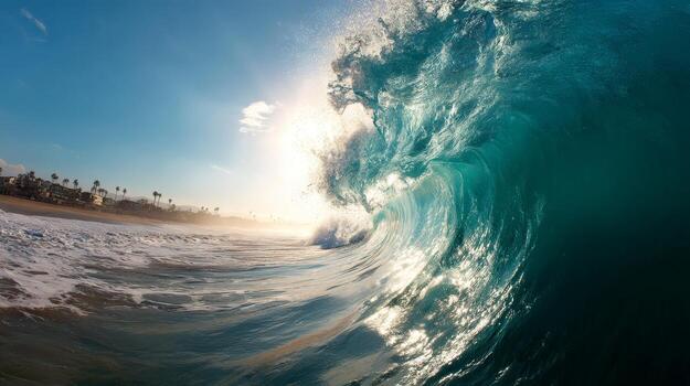 Sunlit wave crests against a tranquil beachscape, showcasing nature's power and beauty in an idyllic coastal setting. photo