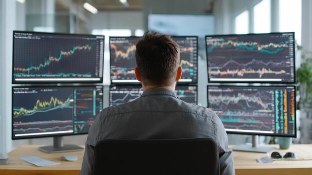 A man analyzes charts on multiple monitors, possibly for investment purposes or market analysis. photo