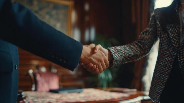 Two individuals shaking hands in a formal setting, representing an agreement or successful negotiation. photo
