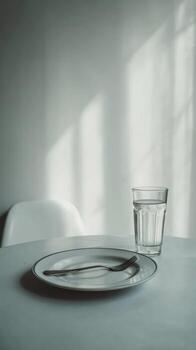 Minimalist scene featuring a plate with a fork and a glass of water, bathed in soft, natural light. photo