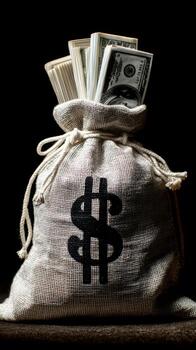 un arpillera bolso desbordante con pilas de dinero en efectivo, simbolizando riqueza y financiero abundancia en un negro fondo. foto