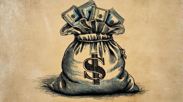 un ilustrado dinero bolso desbordante con pilas de divisa, simbolizando riqueza y prosperidad. foto