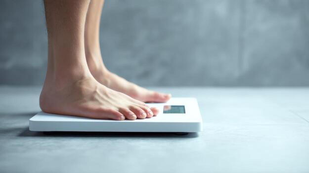 Person standing on a digital scale in a room with cool gray tones and tiled floor. photo