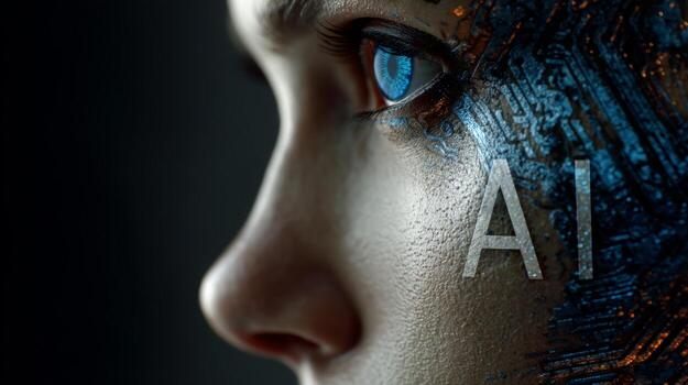 Human face with circuit board pattern representing artificial intelligence concept. photo