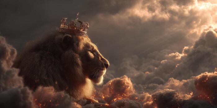 A regal lion wearing a crown amidst a backdrop of swirling clouds and radiant light. photo