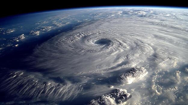 Aerial view of a powerful hurricane with a visible eye, showcasing its vast scale. photo