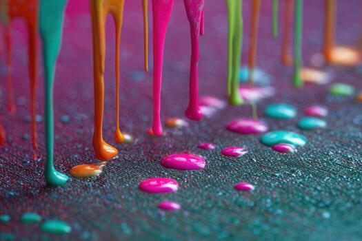 Vibrant dripping neon paint creates colorful abstract texture art for backgrounds and artistic design photo