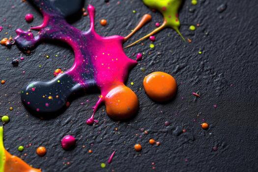 Vibrant paint splatters in neon colors create a dynamic abstract art backdrop for design photo