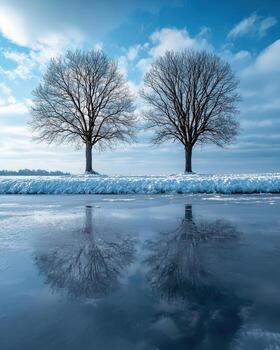 Two leafless trees standing on snow-covered ground with icy reflection under a partly cloudy sky photo