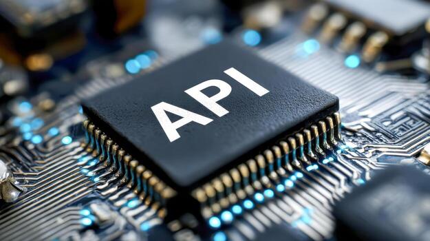 Macro shot of a black microchip labeled with api on a digital circuit board with glowing blue connections representing technology and software integration concepts photo