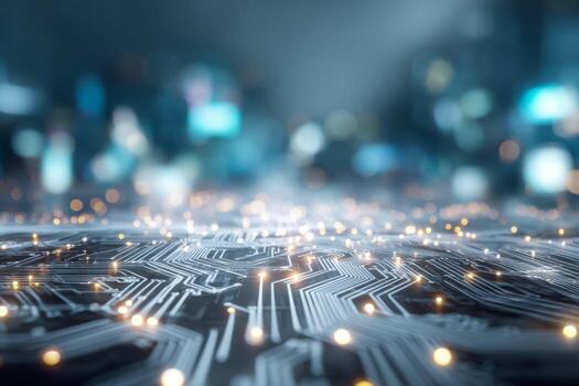 Futuristic digital circuit board illuminated with glowing nodes representing advanced technology and connectivity in a high-tech urban environment background photo