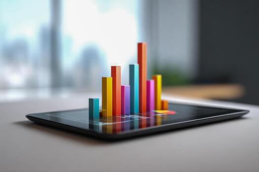 Digital data visualization with colorful 3d bar chart on tablet screen photo