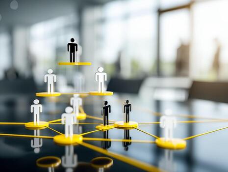 visual representación de equipo jerarquía y conectividad mediante interconectado estatuillas en un mesa foto