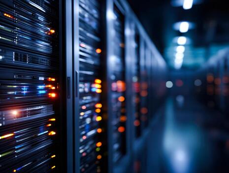 Modern data center server racks with illuminated indicator lights photo