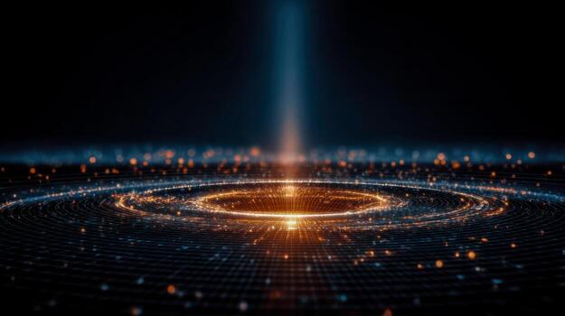 Futuristic digital visualization depicting a glowing central point with expanding concentric circles and luminous particles photo