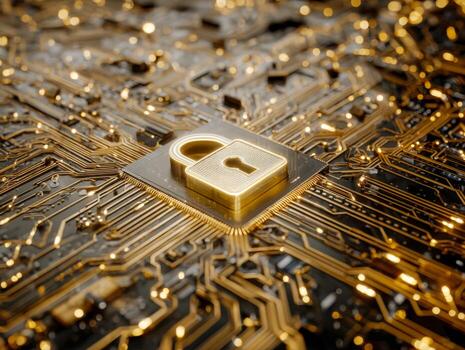 Digital security and encryption concept with a lock symbol on a circuit board photo