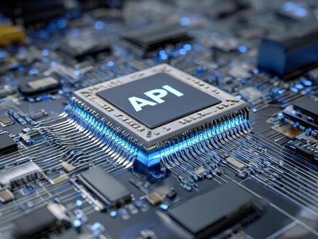 High-tech circuitry featuring a glowing integrated processor chip labeled api with intricate connections on a futuristic electronic motherboard design photo