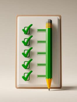Checklist with green checkmarks and a pencil on a clipboard, symbolizing task completion and organization photo