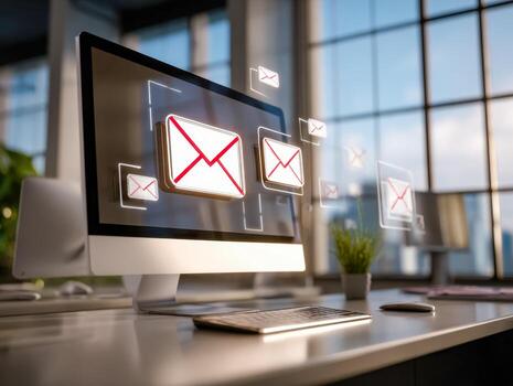 Digital email communication concept with floating icons on a computer screen in a modern office photo