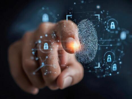 Hand pressing on digital fingerprint scanner interface with futuristic security icons representing biometric authentication and data protection technology concept photo