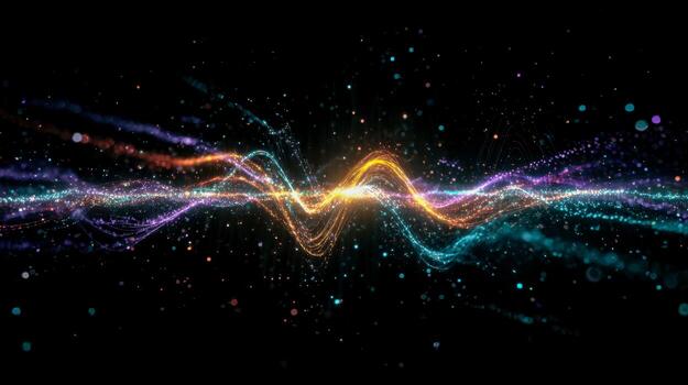 Vibrant energy waves and particle streams against a dark background photo