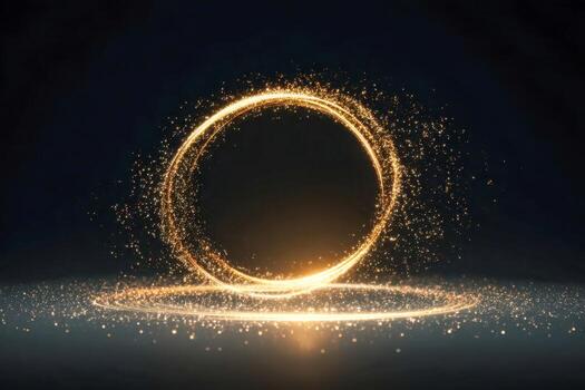 Shimmering golden light trail forming a glowing circular shape with sparkling particles floating against a dark background in a magical radiant display photo