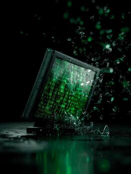Digital data breach simulation with a shattered computer screen in a dark environment photo