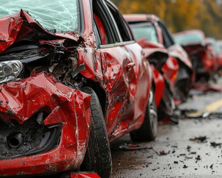 Damaged red car after a crash on the road photo