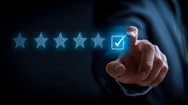 Digital feedback or review process with five-star rating system and approval checkmark photo
