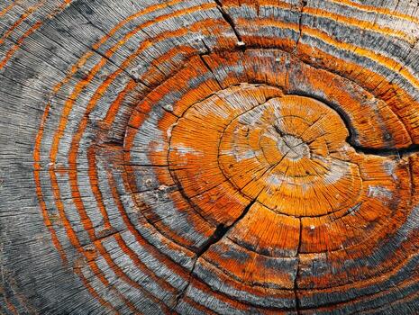 An orange and gray tree trunk with a circular pattern photo