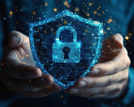 Digital security shield with lock icon representing cybersecurity protection photo