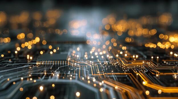 Advanced glowing circuit board pathways with dynamic light effects illustrating complex electronic data flow and futuristic technology networking system photo