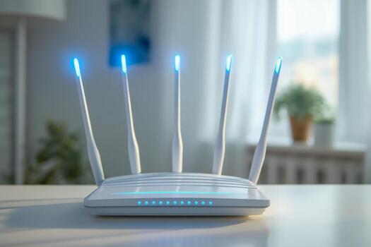 Modern Wi-Fi router with multiple antennas glowing in a bright indoor setting photo