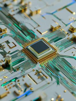 Close-up of a futuristic computer chip with intricate circuit pathways and glowing accents photo