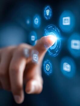 Digital interface with icons representing data management and connectivity photo