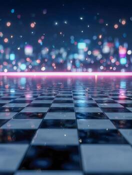 resumen futurista paisaje urbano con iluminado bokeh luces borroso en el antecedentes y un reflexivo a cuadros piso extensión hacia el horizonte a noche foto