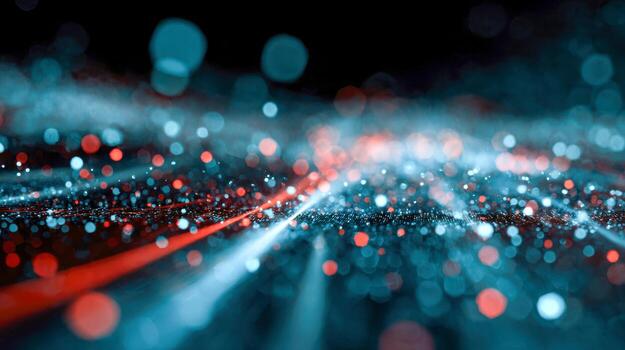 Abstract futuristic digital data streams with glowing red and blue bokeh lights creating a vibrant network connection visual effect in a dark background photo