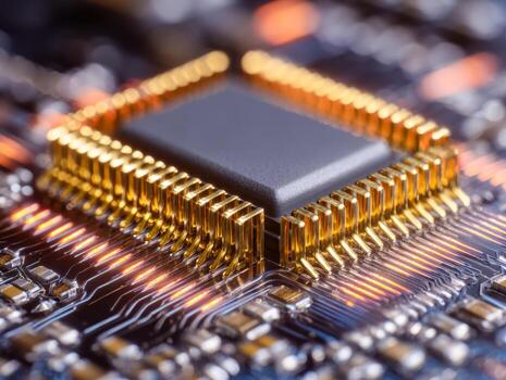 Close-up of a computer processor chip on a circuit board photo