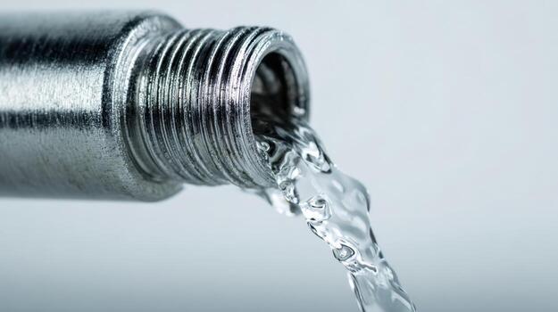 Flowing clear water pouring out from a shiny metallic pipe with spiral threading against a soft light background for plumbing and fluid dynamics concepts photo